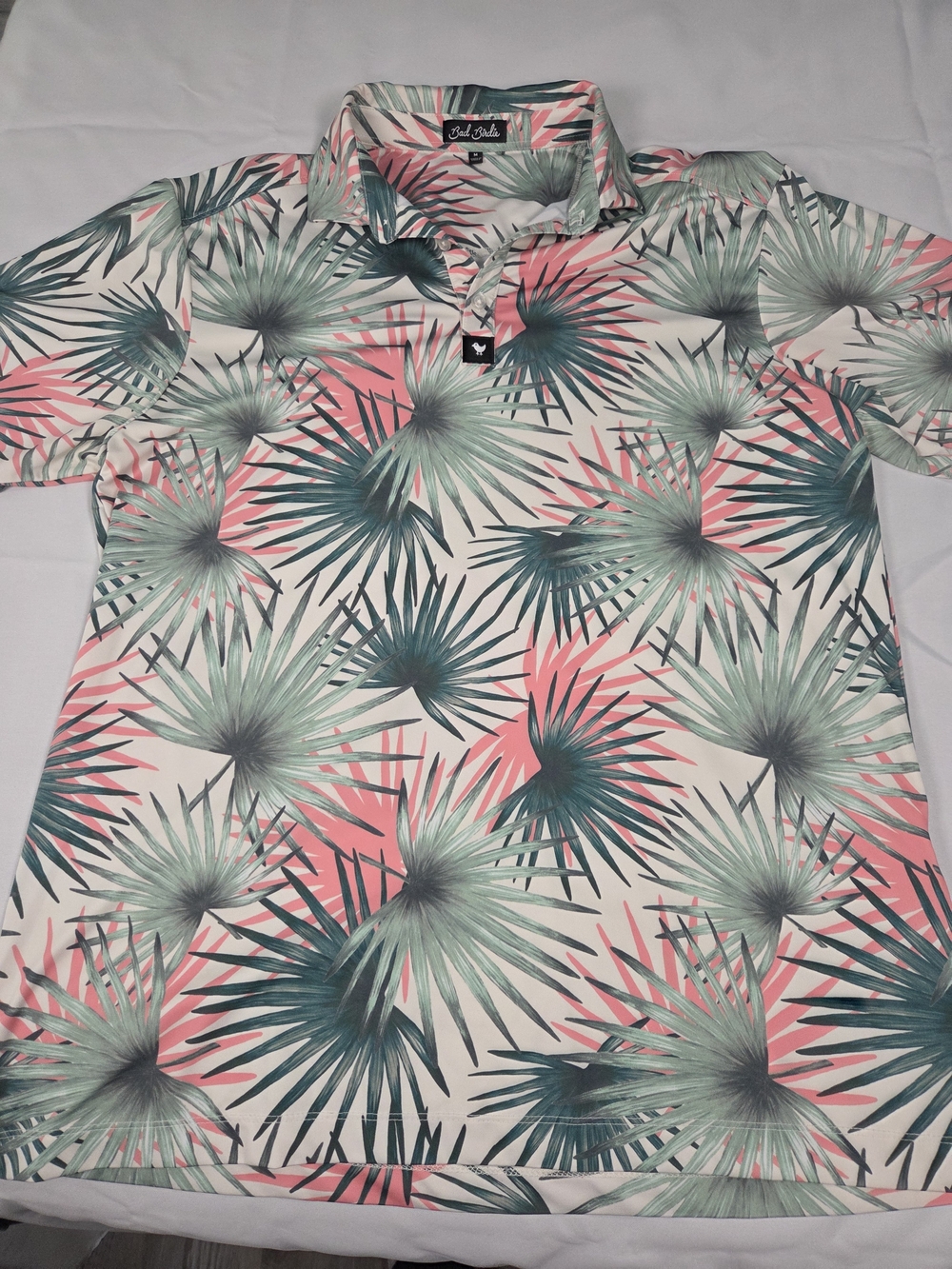Bad Birdie Palm-Print Short Sleeve Polo in Coral & Teal